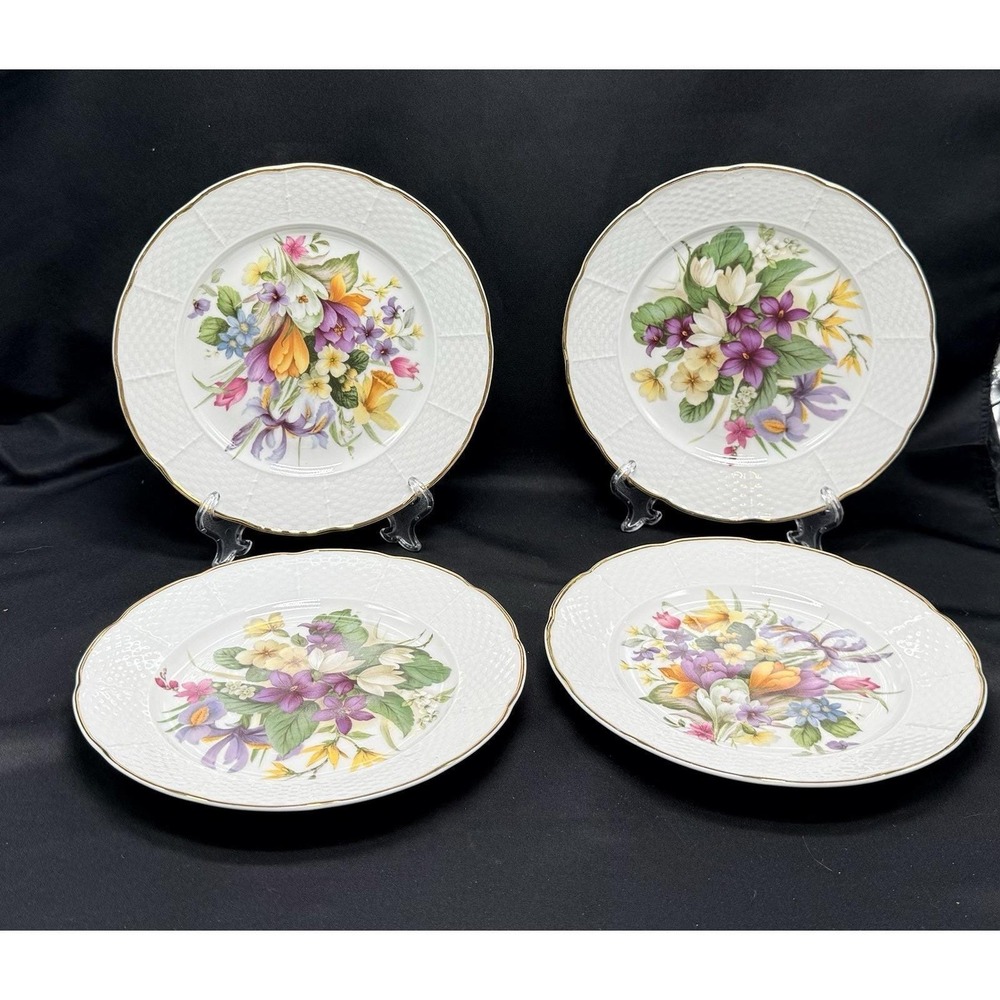 St Martin Limoges France Dessert Plates Set 4 Floral Basketweave Gold Trim 7.5in
